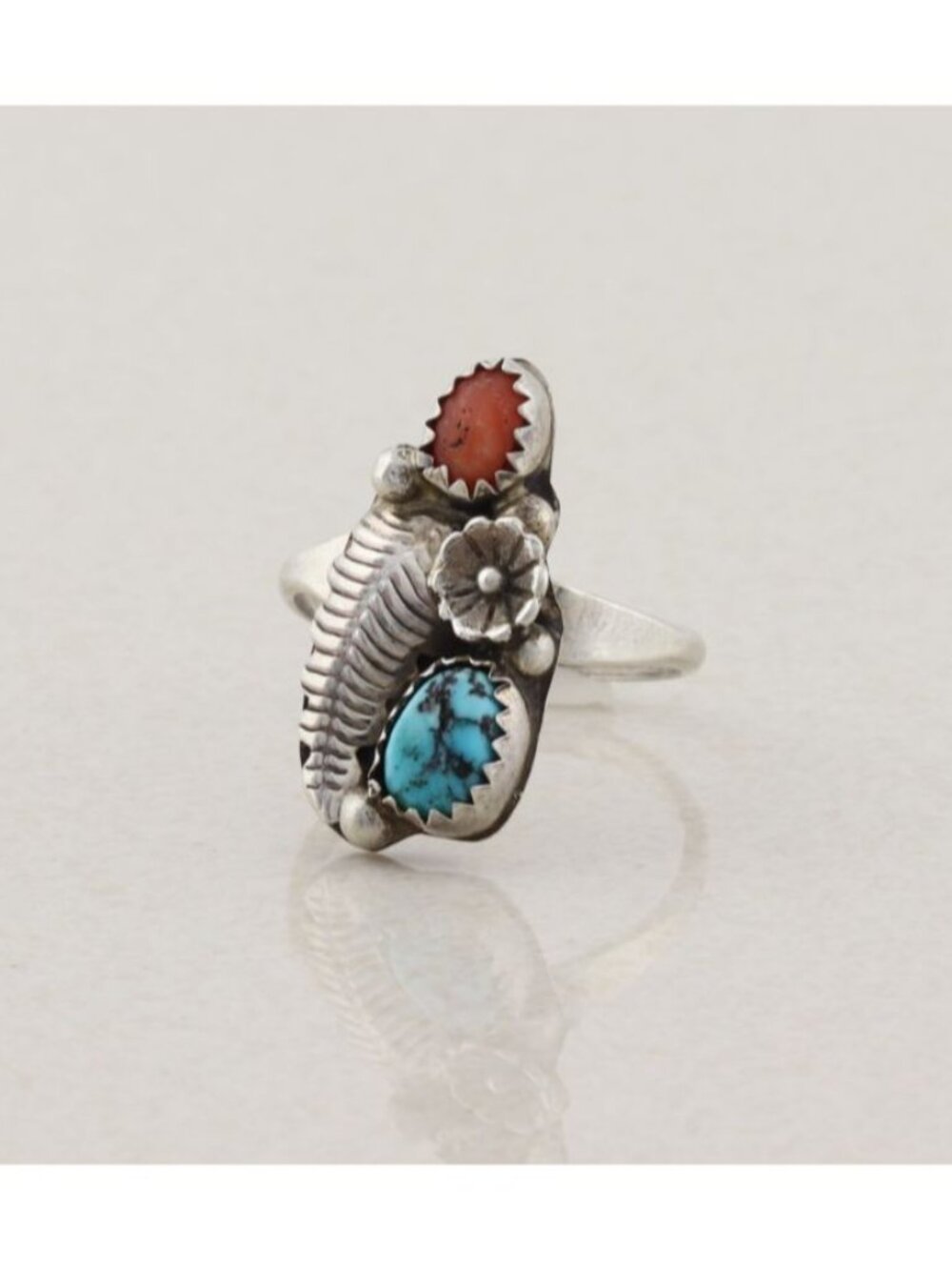 Sterling Silver Natural Turquoise & Coral Ring Size 7 3/4 - Picture 6 of 7